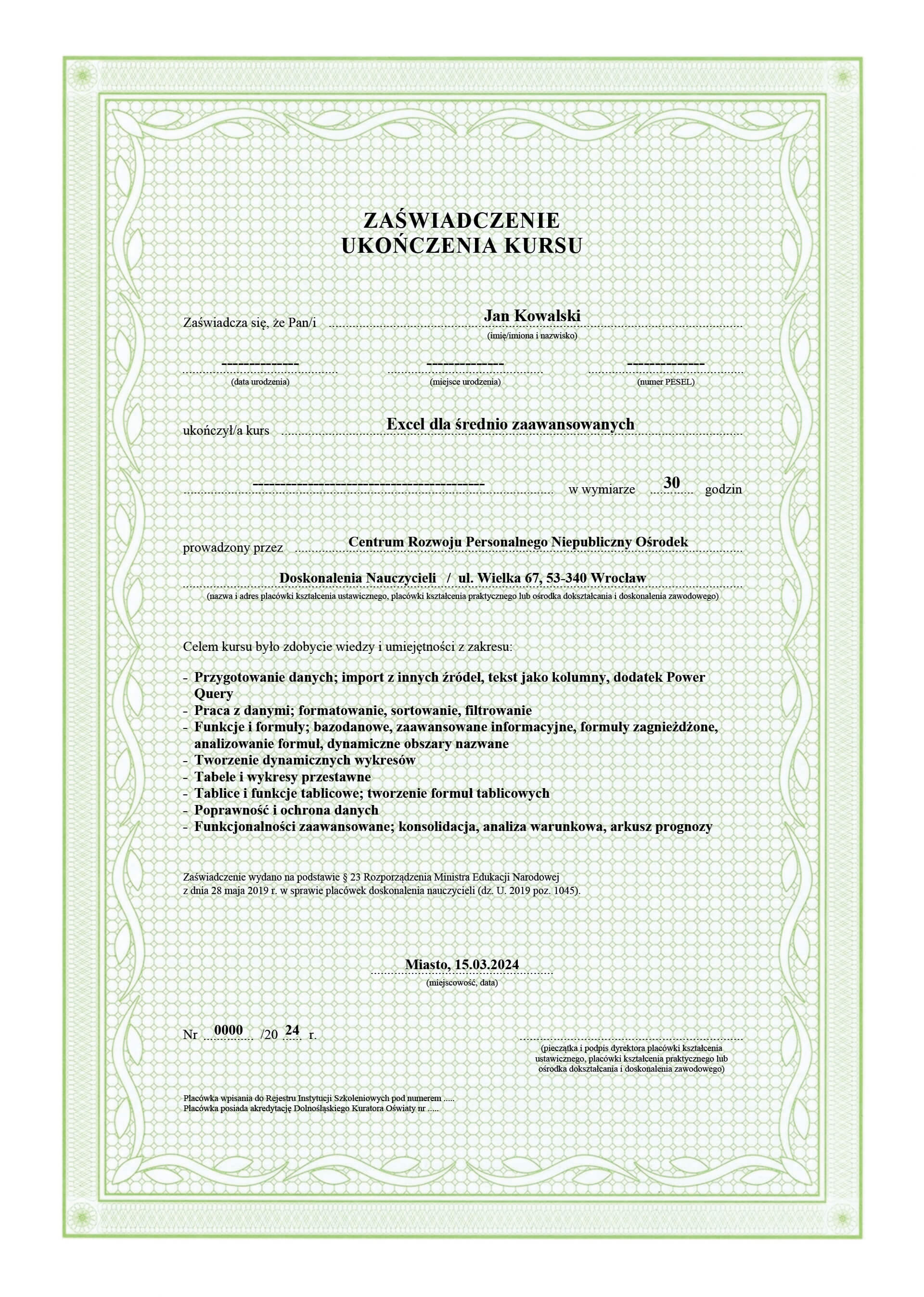 Wzór zaświadczenia